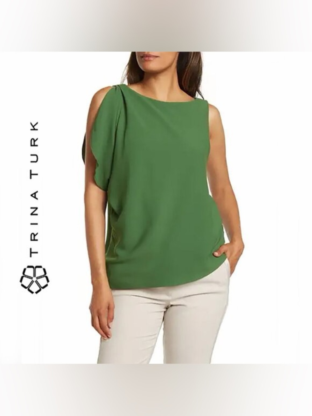 NWT Trina Turk Sunset Asymmetrical Top in Juniper Green, Size Small